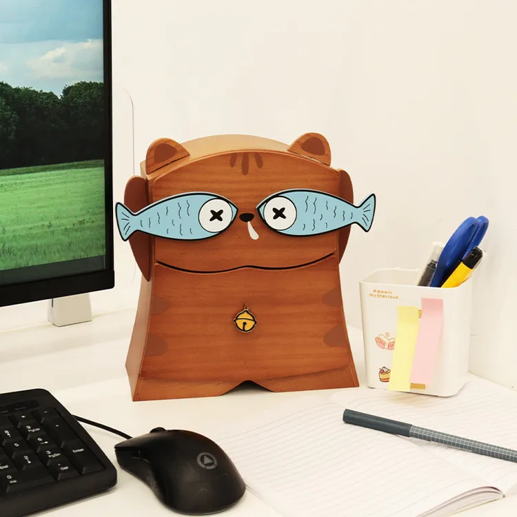 果设实木收纳柜《摸鱼猫》桌面收纳生日礼物居家好物送闺蜜礼物实用