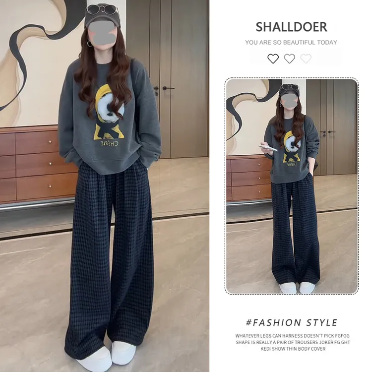 韩系慵懒风时尚套装女2025春秋新款圆领长袖卫衣格子阔腿裤两件套