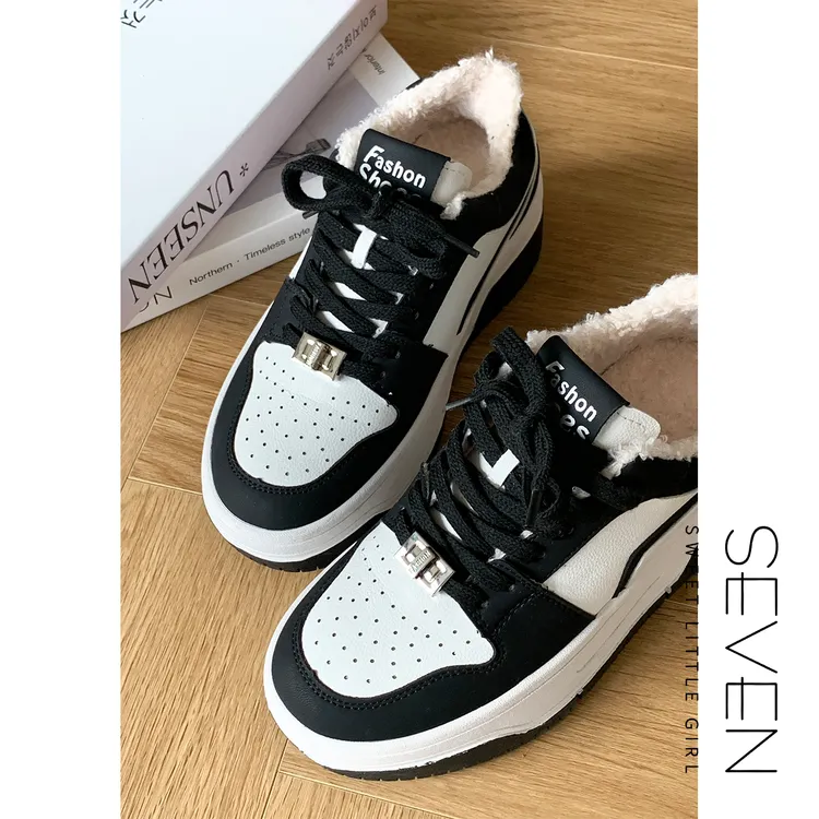 ⑦七七146小个子厚底加绒黑白熊猫鞋女百搭休闲内增高板鞋小美说