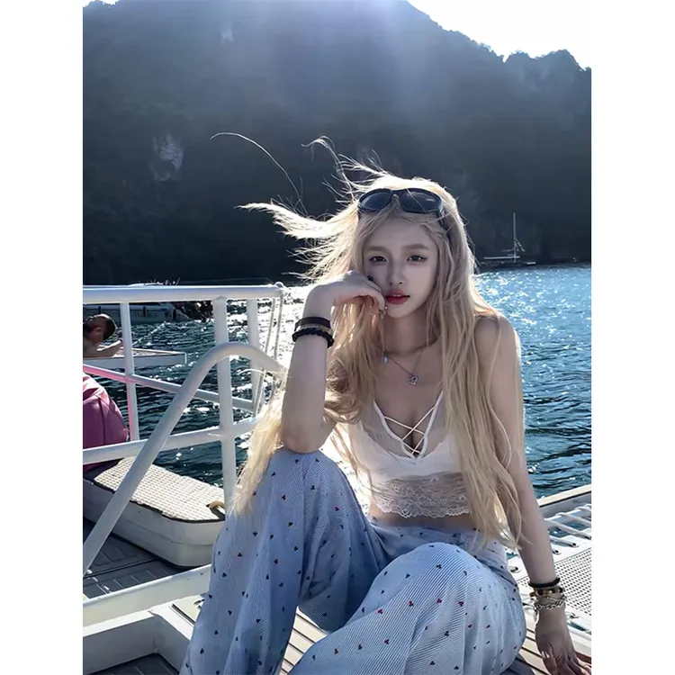 2025夏季新款ins美式辣妹纯欲风蕾丝边吊带背心女配高腰阔腿长裤