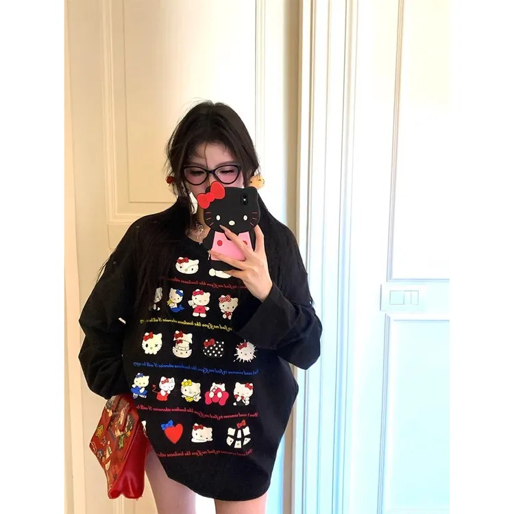 2025纯棉秋季大凯蒂猫印花法式卡通重工吸汗印花圆领宽松长袖T恤