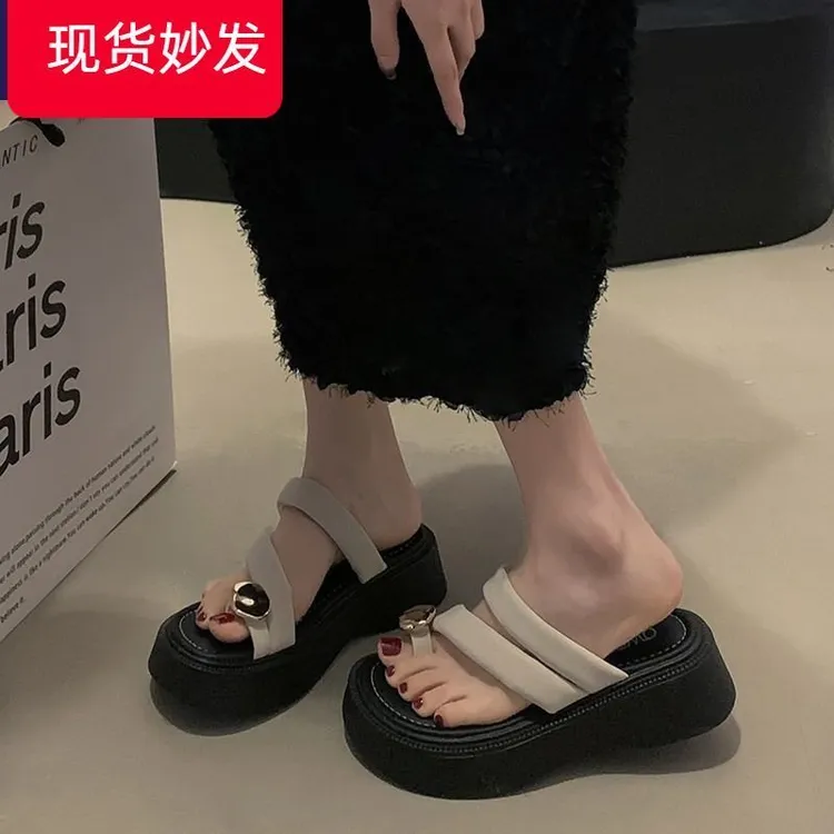 高跟套趾拖鞋女士2025年夏天新款时尚夏季金属黑色舒适软底夹脚凉
