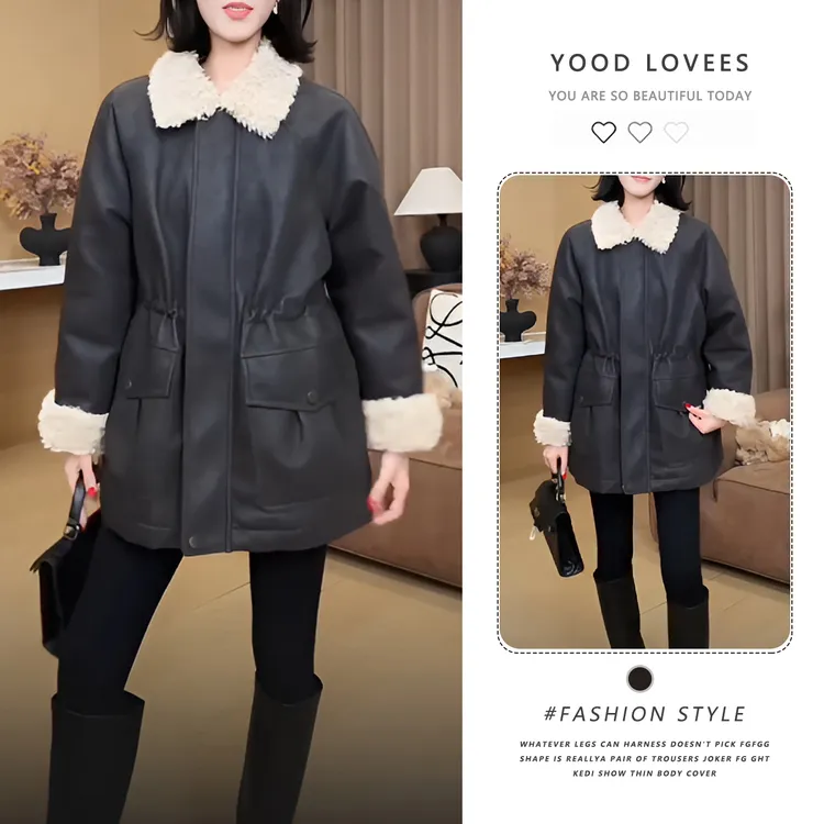 撞色拼接翻领加绒加厚短外套女2025冬季新款洋气质减龄收腰外套潮