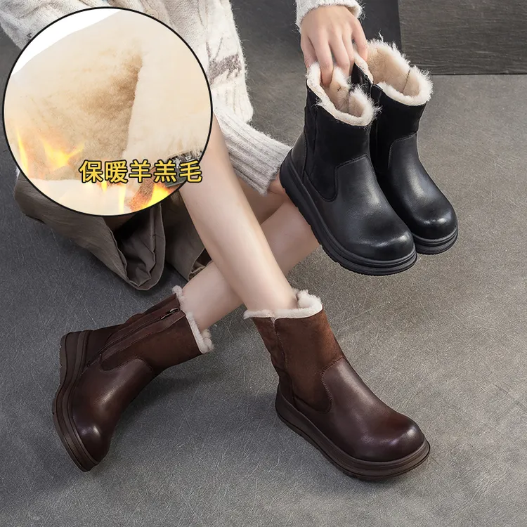 2025冬季新款复古拼色加皮毛一体羊毛棉鞋短靴雪地靴头层牛皮女鞋