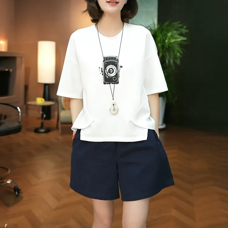 1夏季新款时尚套装女慵懒松弛宽松版t恤显瘦印花短袖上衣两件套