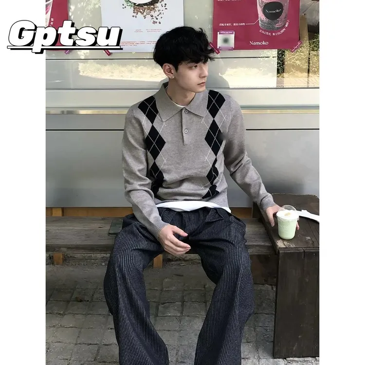 GPTSu美式复古菱格提花polo衫男款长袖秋季慵懒潮牌翻领针织毛衣
