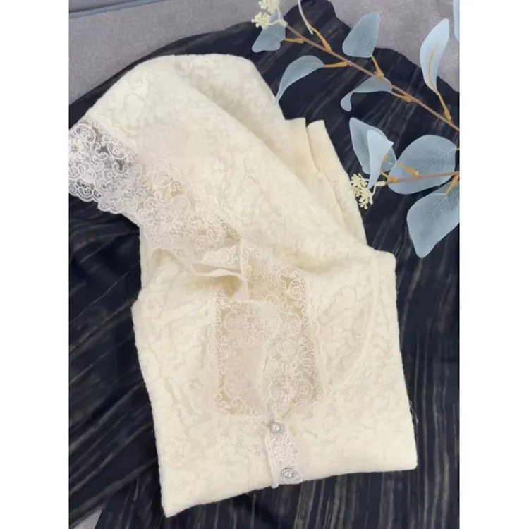 【蕾丝连帽】新款欧若风设计感针织衫时尚洋气百搭镂空钩花毛衣1578