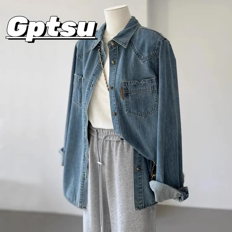 GPTSu复古蓝色正肩牛仔衬衫女秋高级感叠穿百搭气质休闲上衣外套