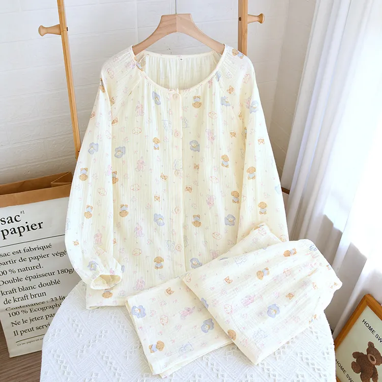 双层纯棉纱布睡衣女款春秋季棉麻布料100全棉吸汗婴儿棉家居服夏