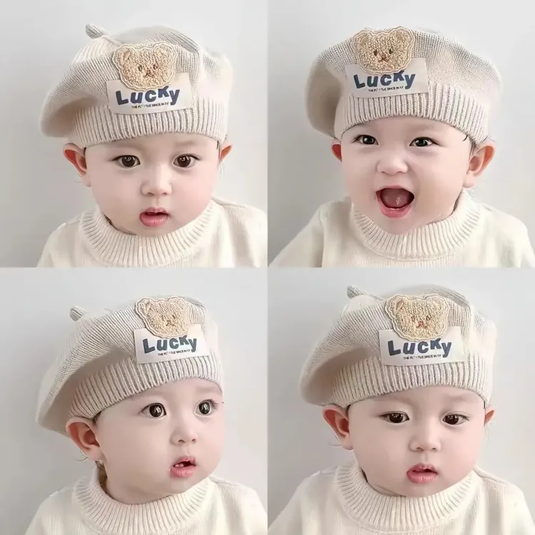春秋针织贝雷帽卡通小熊超萌可爱画家帽凹造型百搭毛线帽 