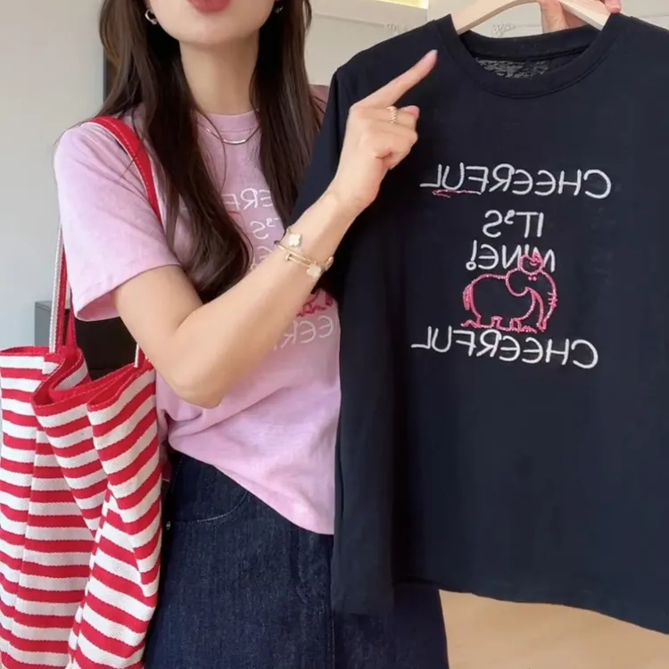 夏季休闲时尚百搭舒适字母刺绣串珠大象短袖T恤LK2503370