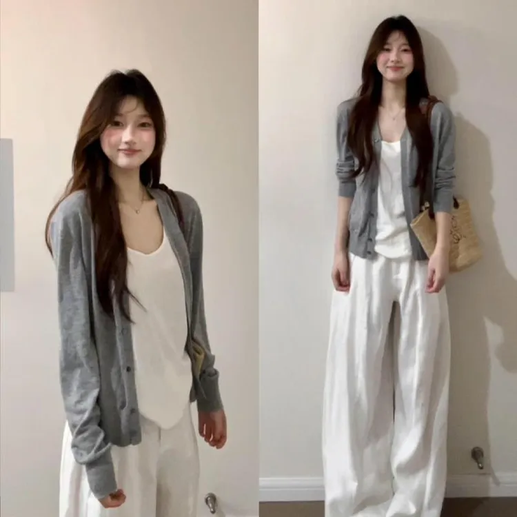 灰色开衫薄款外套女2025新款夏防晒穿搭罩衫薄纱上衣吊带针织外搭
