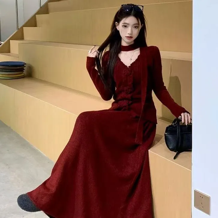 丁满满推荐红色针织毛衣套装连衣裙子女秋冬季2025巨好看整套5125