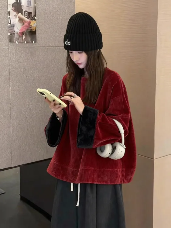 巨好看的红黑色灯芯绒卫衣秋冬女款加厚宽松慵懒风超好看韩系上衣