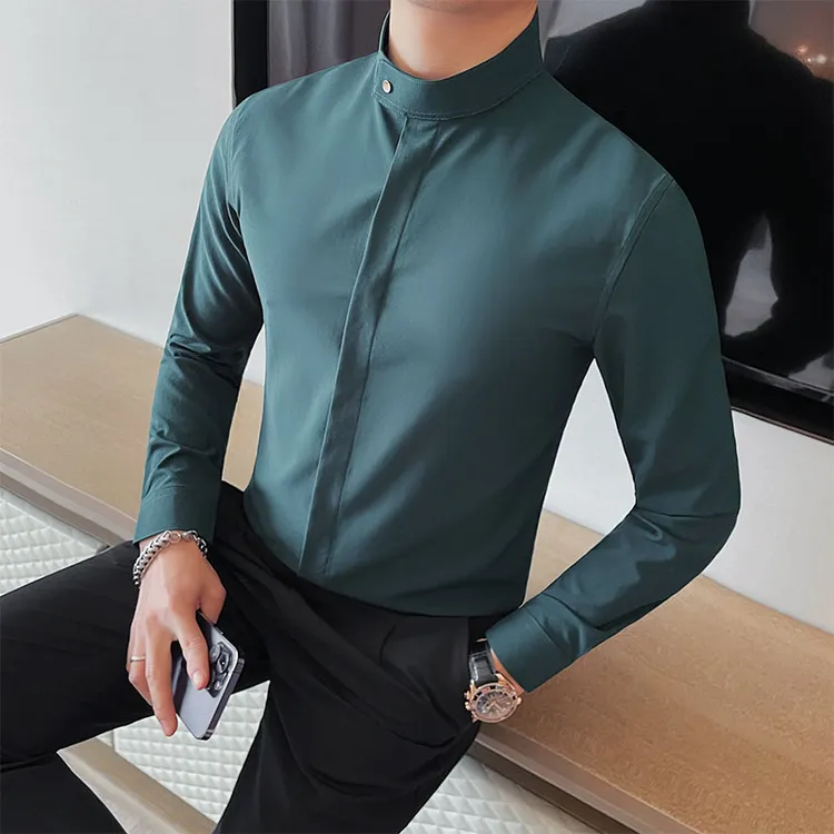 设计感搭扣衬衫男款爆款2025新款春秋商务百搭高级感暗扣衬衣男
