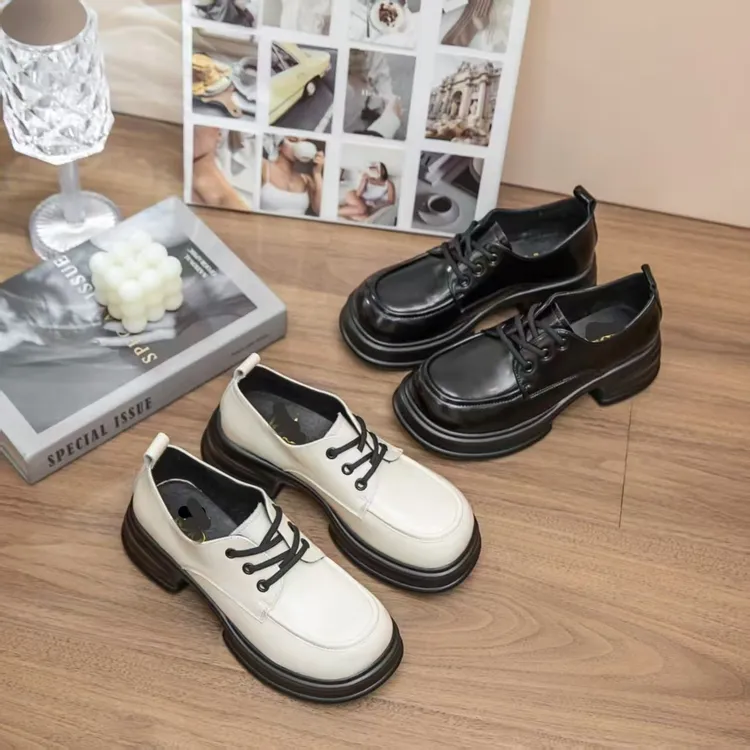 新款女款爆款厚底女鞋鞋子阔腿裤必备鞋牛皮粗跟乐福时尚春季增高