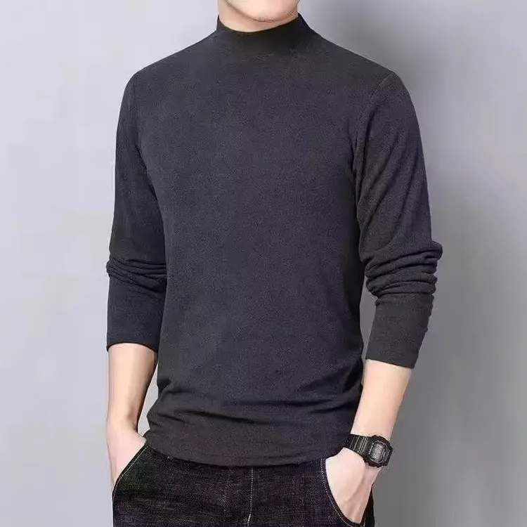 跨境秋冬可批发新款男士双面绒T恤半高领男长袖纯色加绒保暖打底