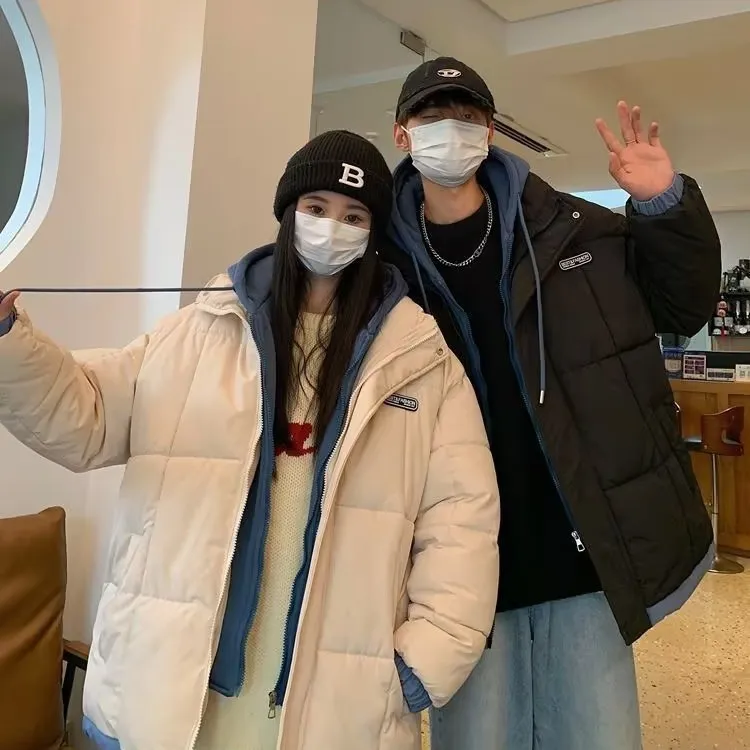 美式宽松大码假两件情侣款连帽男女同款外套冬季保暖棉服休闲加厚