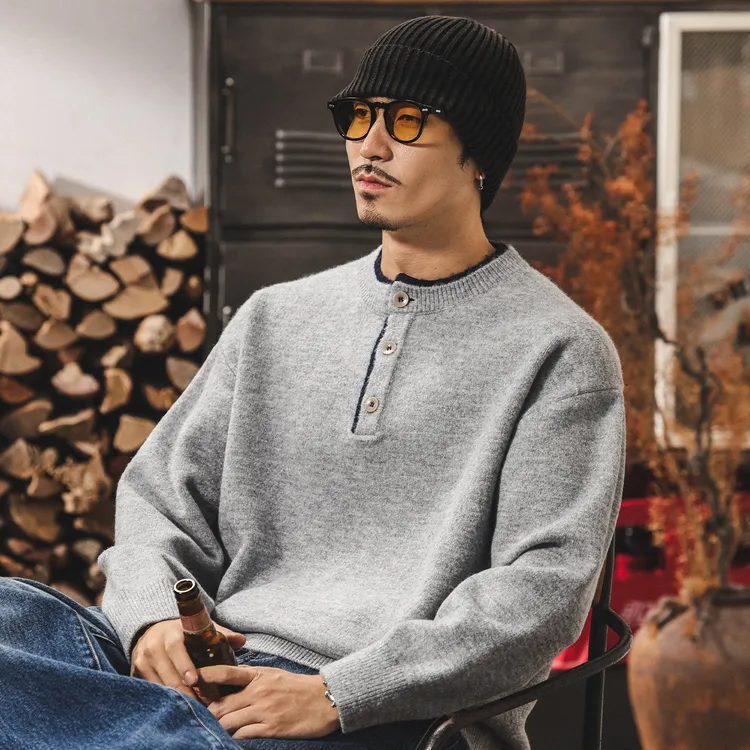 美式复古亨利领毛衣男冬季新款加厚保暖慵懒风针织衫男士毛线衣潮