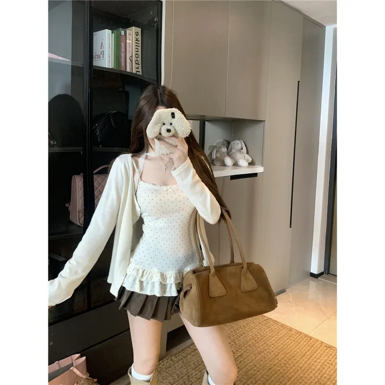 叠穿好物 纯欲风波点蕾丝吊带+开衫外套气质两件套装女