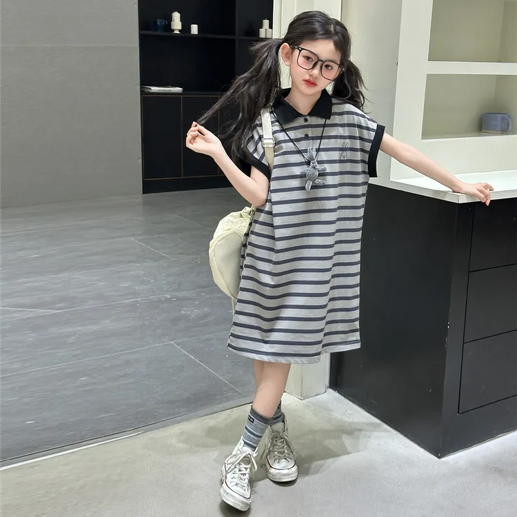 女童夏装条纹短袖连衣裙2025新款女大童洋气中长款夏季POLO领裙子