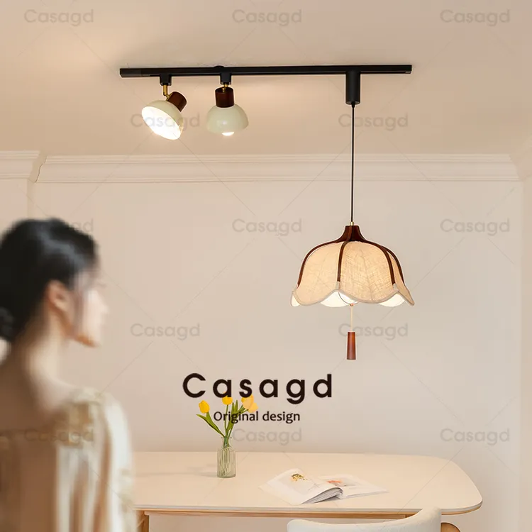 移位轨道餐厅吊灯中古实木布艺花影法式侘寂风复古餐桌灯具casagd