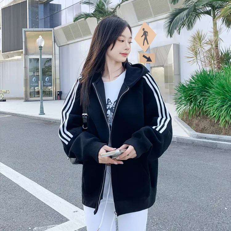 雨江亭条纹美式复古连帽拉链百搭休闲宽松男女同款开衫卫衣外套