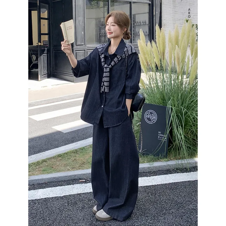 牛仔衬衫套装女2025秋季新款韩版时尚宽松休闲阔腿长裤披肩三件套