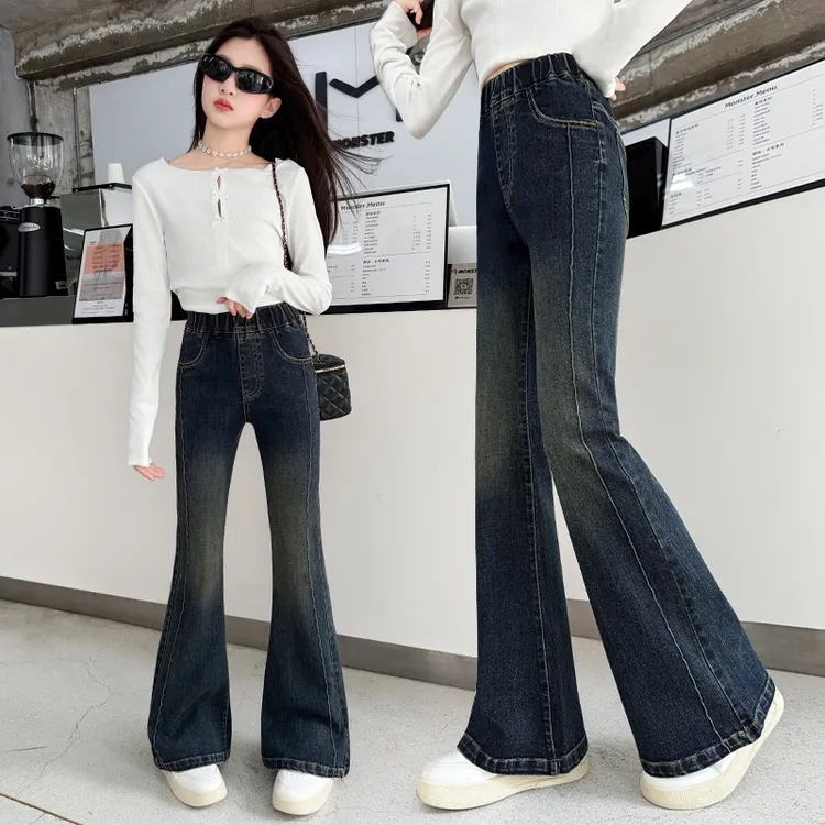 女童牛仔裤秋冬新款洋气儿童裤子中大童女孩时尚弹力加绒厚喇叭裤