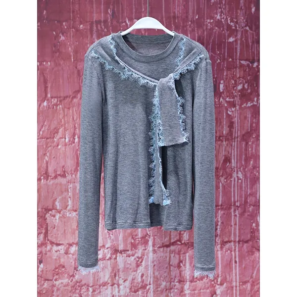 【韩哥女装】小众设计师款麻灰色拼接蕾丝时尚皮肤衣8808