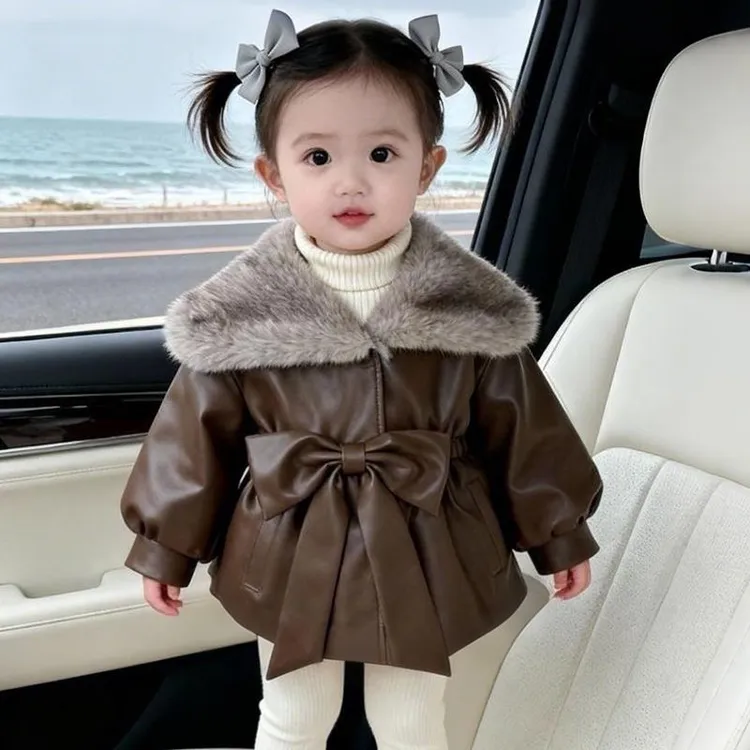 女童韩版加绒皮衣外套秋冬新款女孩洋气翻毛领韩系穿搭高级感冬装