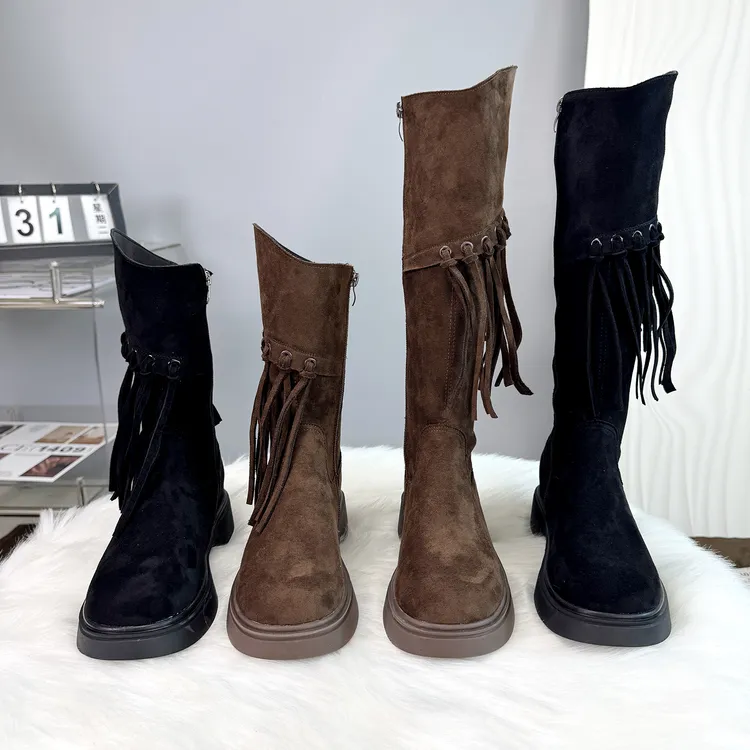 2025秋冬新款流苏中筒靴马丁靴复古西部牛仔靴不过膝长靴高筒靴