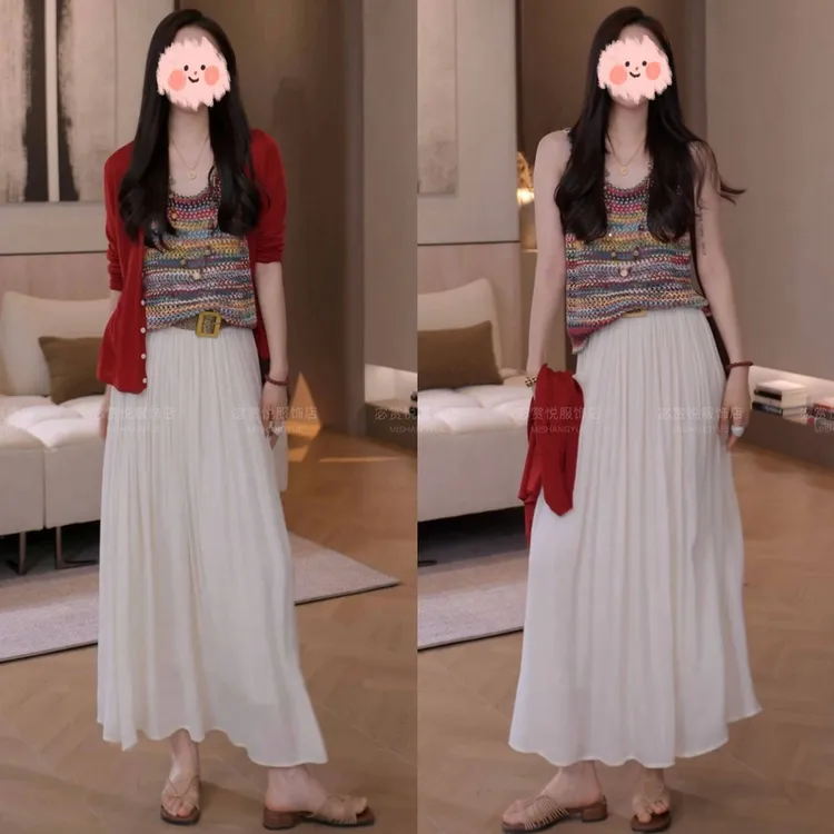 2025春夏新款时尚洋气百搭针织开衫+彩色背心+腰带半身裙三件套女