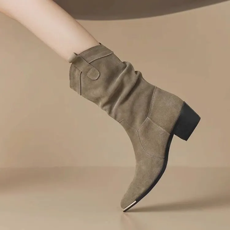 欧美西部牛仔靴女2025秋季新款堆堆褶皱靴尖头复古粗跟中筒短靴子