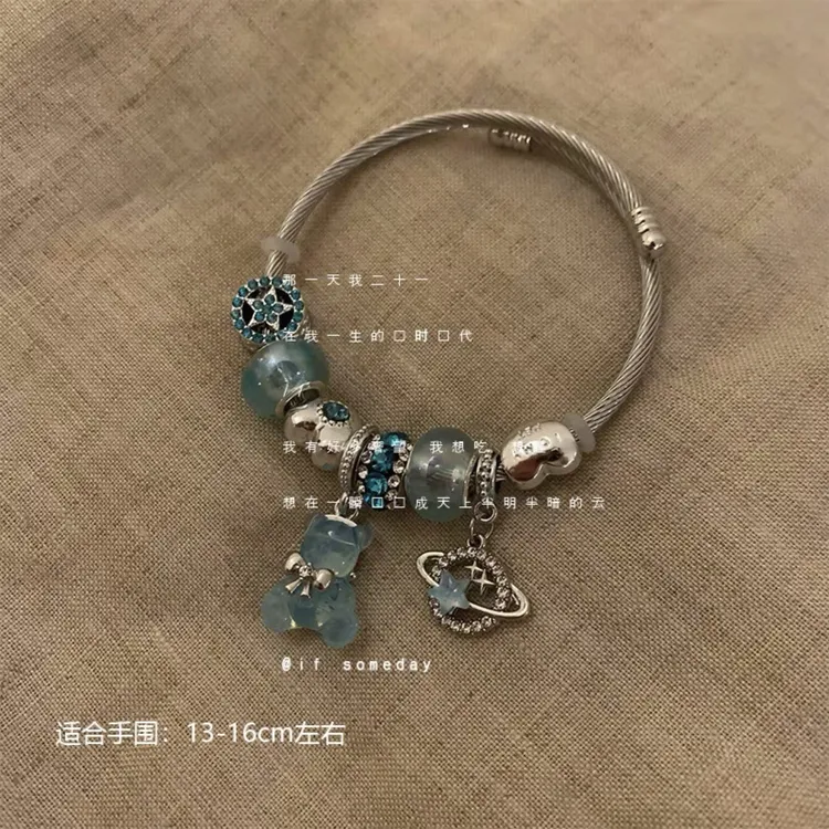 不锈钢树脂手镯 轻奢小众原创设计蓝色软糖小熊手镯百搭ins风手链
