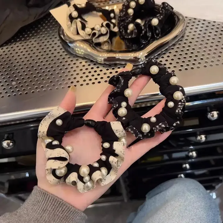 韩系新款碎花布艺木耳边珍珠小肠发圈高级感丸子头发绳马尾扎发