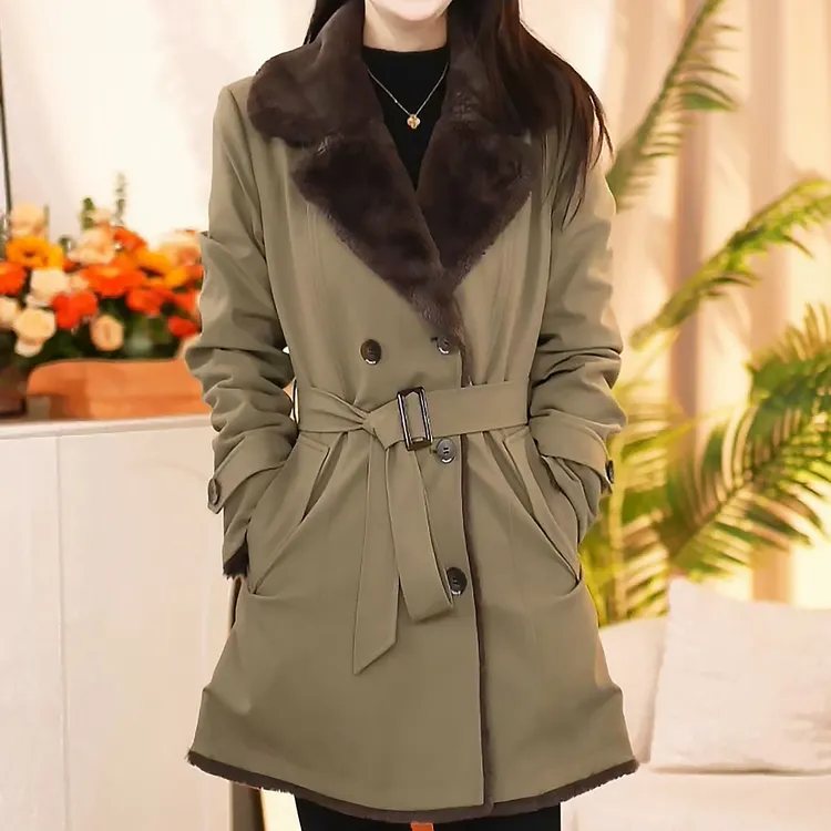 加绒加厚翻领风衣2025新款百搭女士中长款秋冬保暖宽松夹克外套女