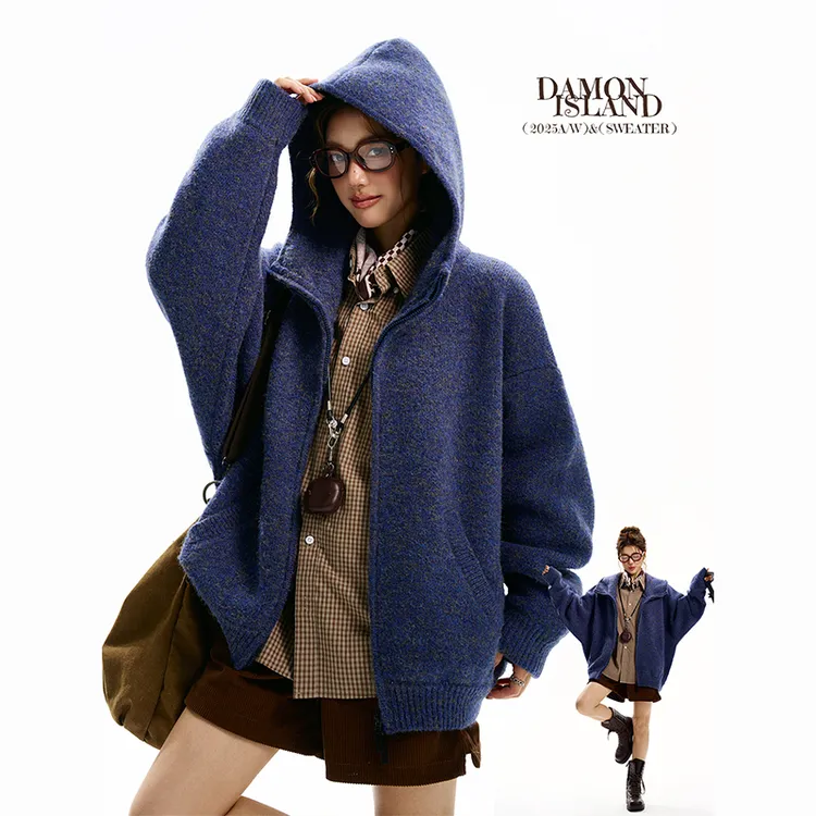 达蒙岛原创新款羊毛混纺廓形连帽拉链开衫毛衣外套女厚实针织衫冬