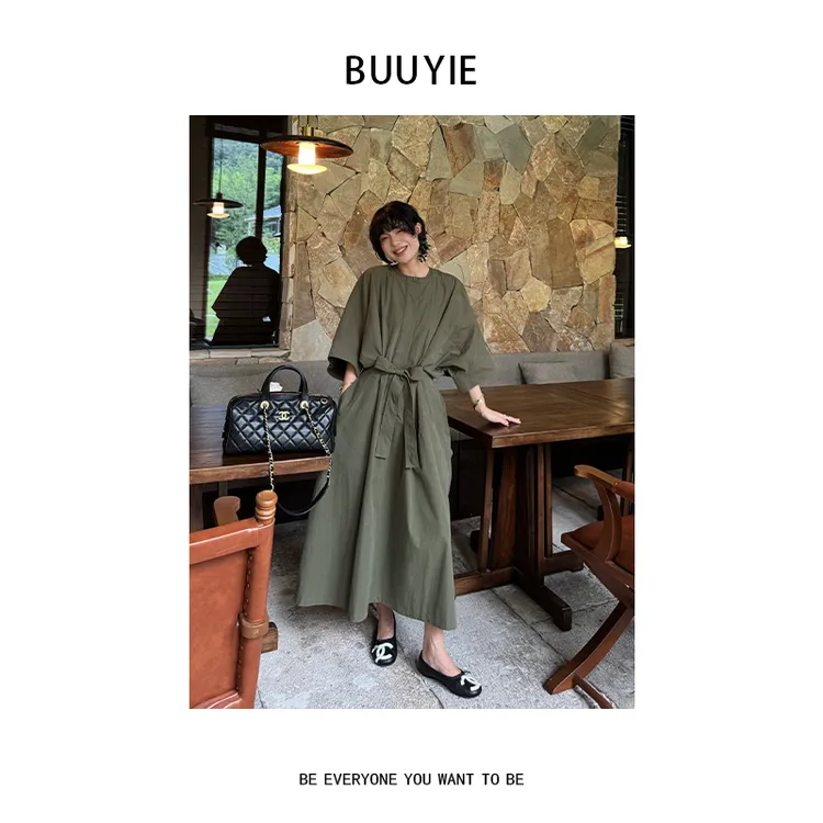 BUUYIE 25SS【墨染川‌】高级感廓形系带收腰连衣裙 250739