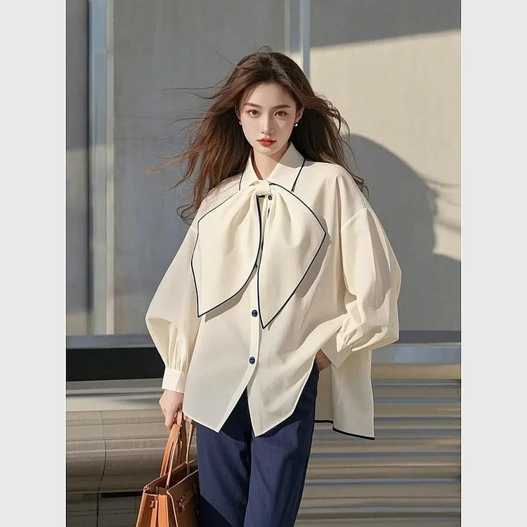 2025春季新款小衫超好看独特漂亮设计感小众白色泡泡袖蝴蝶结衬衫