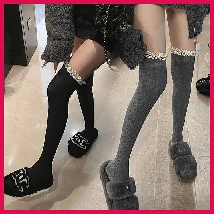 春秋新款麻花竖条纹堆堆袜子蕾丝花边长腿袜显瘦灰色过膝袜长筒袜