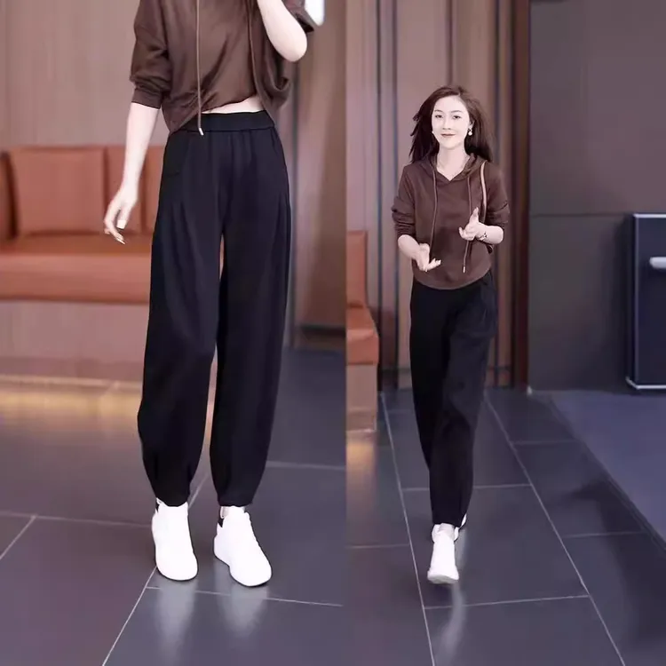 休闲风春秋款新款高腰显瘦百搭洋气时尚宽松束脚哈伦裤女洋气运动