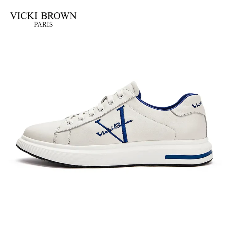VICKI BROWN法国复古文艺轻奢时尚百搭牛皮男士休闲低帮白鞋子