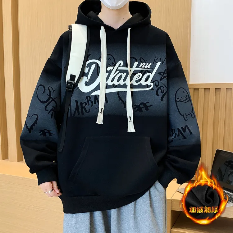 青少年春秋款加绒加厚连帽卫衣男孩外套初中高中学生大童男装上衣