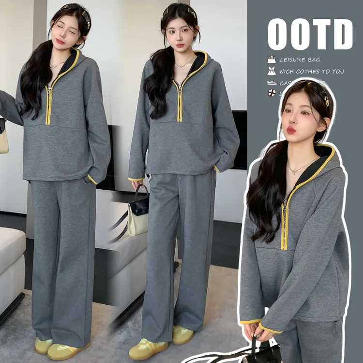 孕妇装2025秋季新款时尚赫本风连帽撞色复合运动卫衣阔腿裤两件套