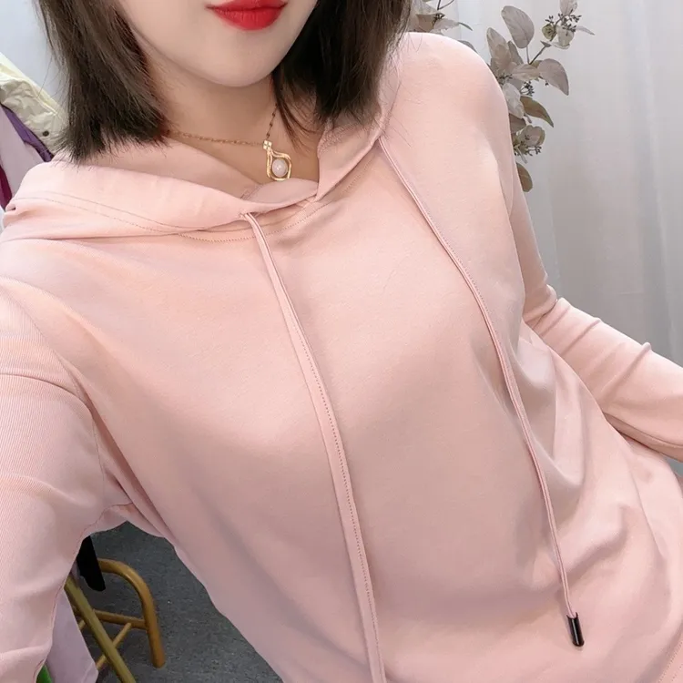 2025薄款春夏季长袖T恤连帽衫显瘦百搭休闲上衣宽松纯色女装韩版