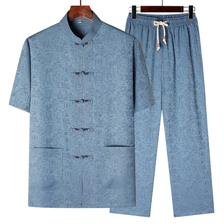 夏季男士唐装爸爸短袖衬衣套装中国风中老年人冰丝父亲装爷爷夏装