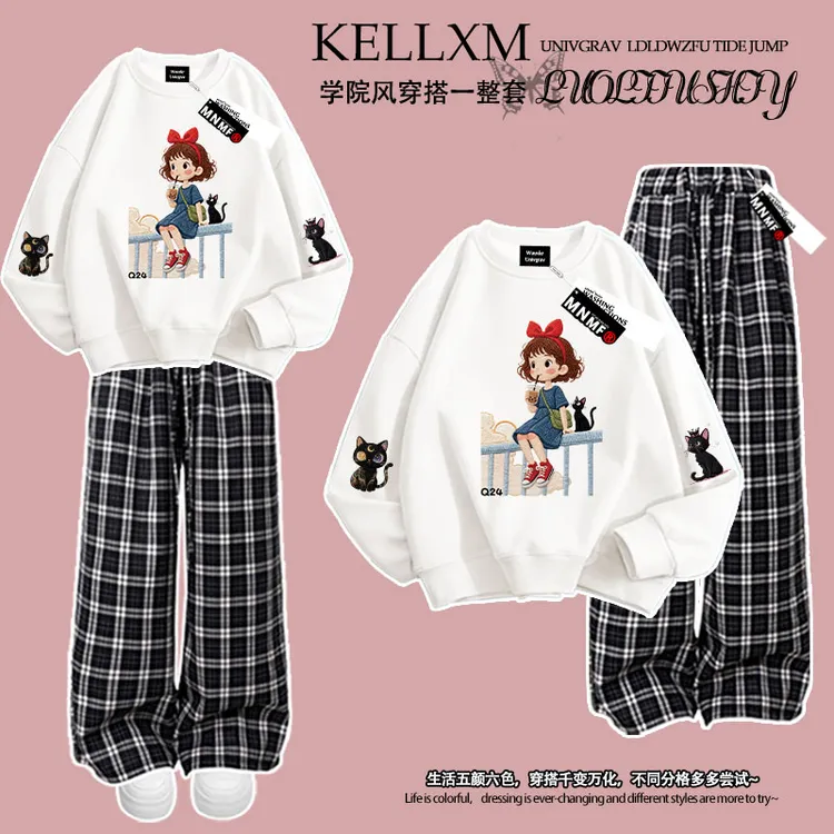 卡通洋气小女孩印花女童秋冬季加绒圆领卫衣长裤套装中大童两件套