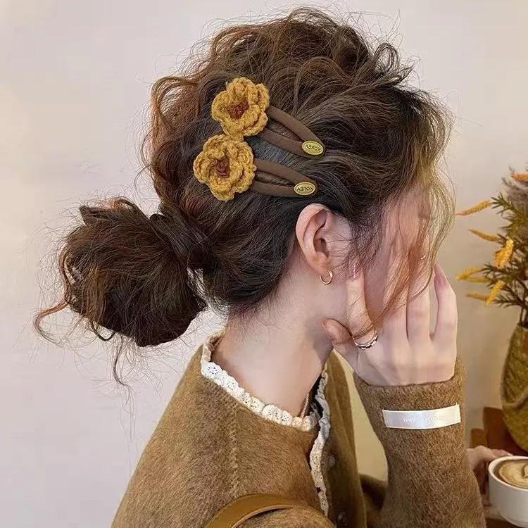 黄油巧克力~发夹女针织毛线花朵边夹2025新款高端刘海夹前额头饰