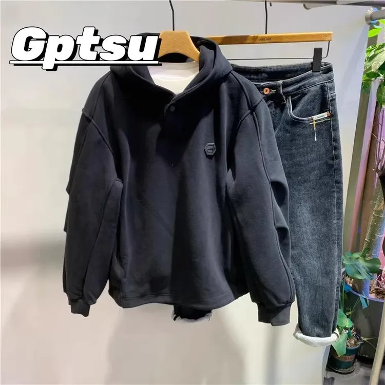 GPTSu高级感秋冬新款宽松美式连帽加绒加厚设计感简约休闲卫衣男